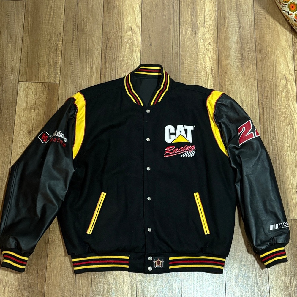 Cat Racing Black and Yellow Men's Jacket XXL. Reversible. Leather sleeves!